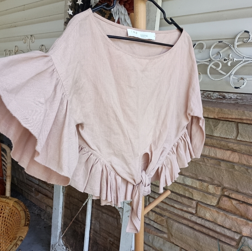 IRO Blush Pink/Beige Ruffled Tie-Front Linen And Cotton Blouse_34 - Picture 4 of 8